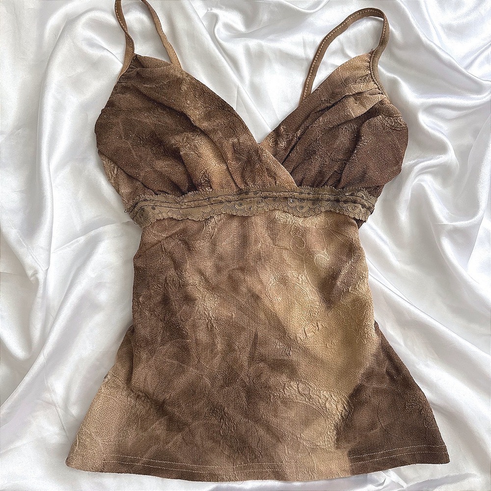 Xanaka Brown Acid Wash Burnout Floral Lace Trim Cami Top Fairycore Y2K Camisole
